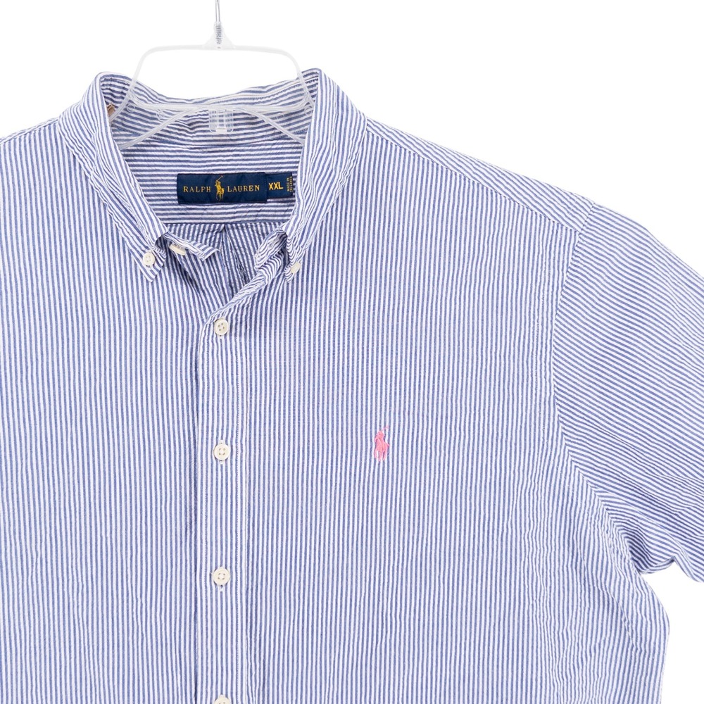 Polo Ralph Lauren Mens XXL Seersucker Shirt Blue Striped Short Sleeve Preppy